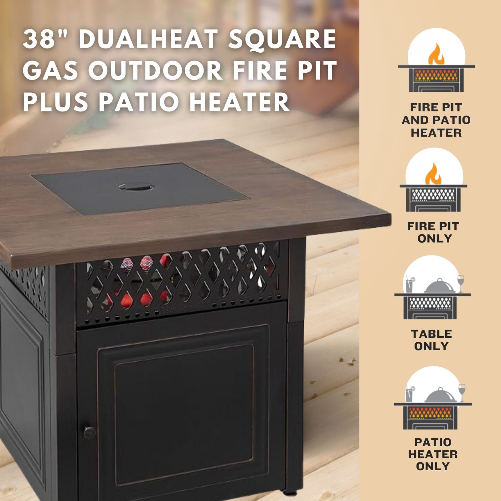 Four Seasons Courtyard Dual Heat 41,000BTU Square Gas Fire Pit w/Tabletop (Used) - VMInnovations