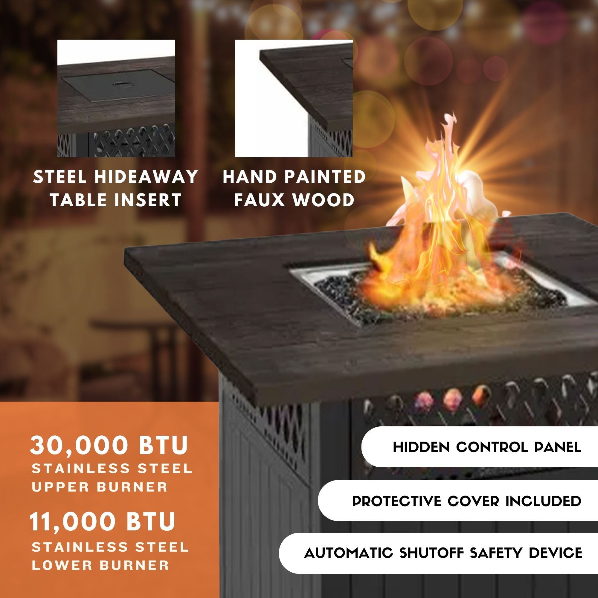 Four Seasons Courtyard Dual Heat 41,000BTU Square Gas Fire Pit w/Tabletop (Used)