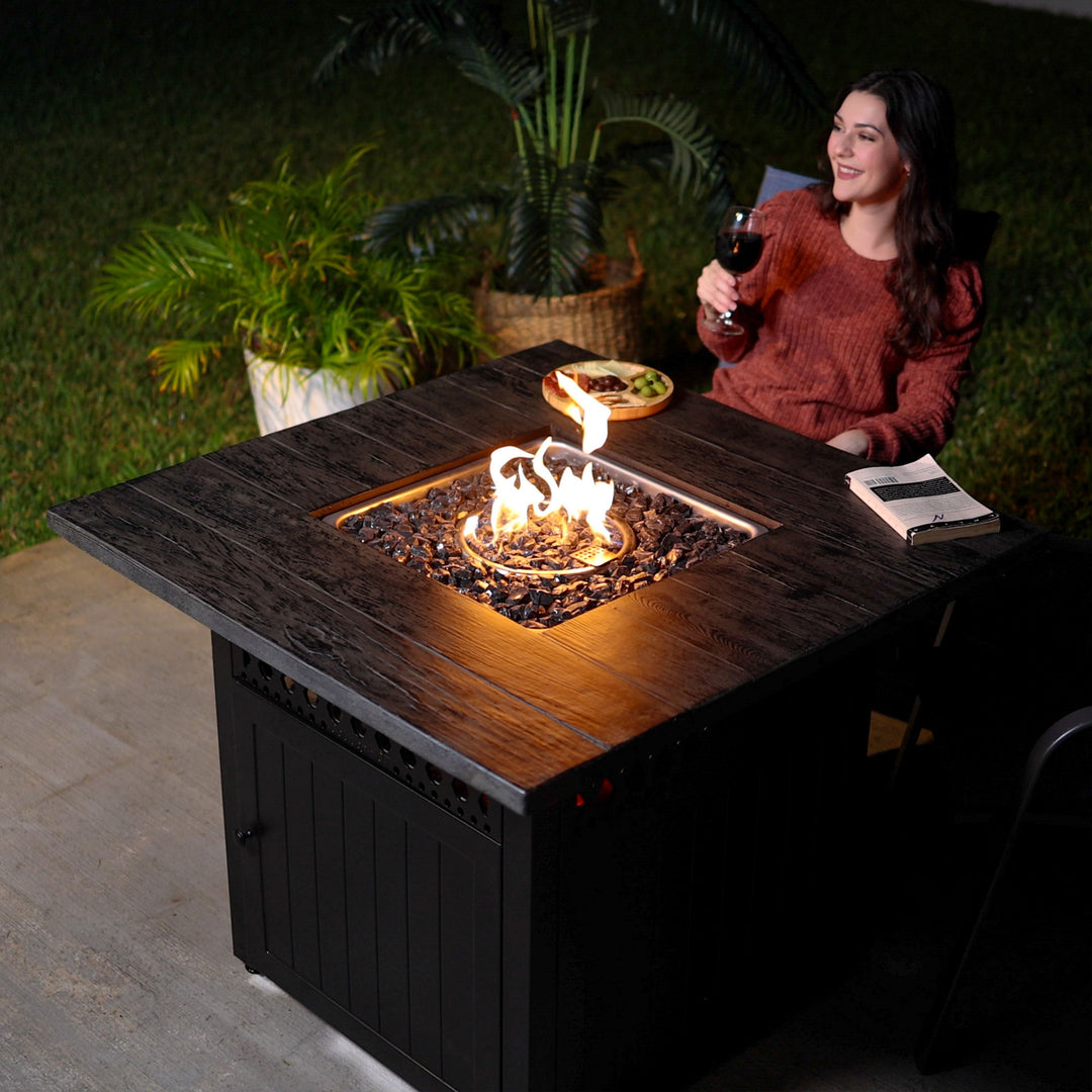 Four Seasons Courtyard Dual Heat 41,000BTU Square Gas Fire Pit w/Tabletop (Used) - VMInnovations
