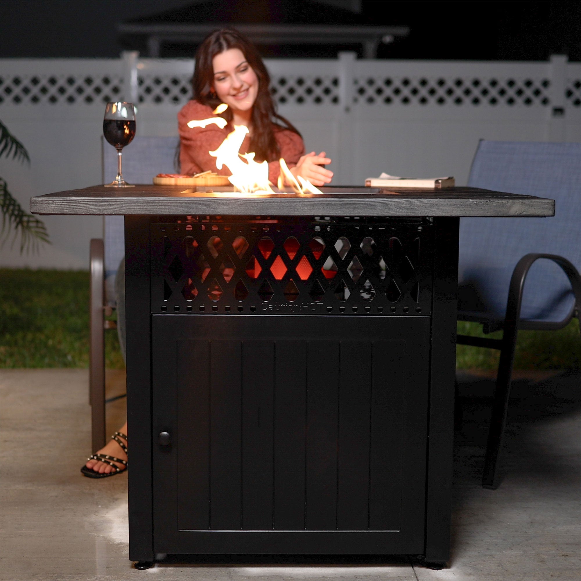 Four Seasons Courtyard Dual Heat 41,000BTU Square Gas Fire Pit w/Tabletop (Used) - VMInnovations
