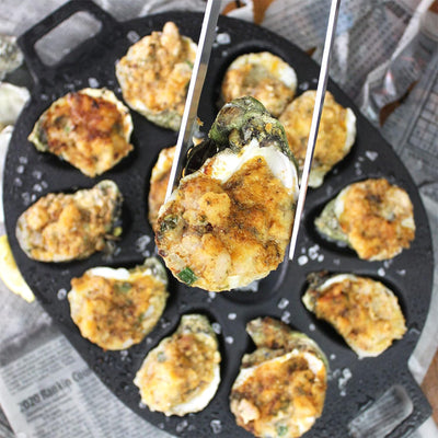Bayou Classic Cast Iron Shellfish Shaped Oyster Grill Pan for 12 Clams, Black - VMInnovations