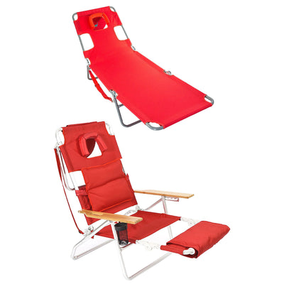 Ostrich Chaise Folding Beach Lounger & Deluxe 3in1 Padded Sports Chair, Red