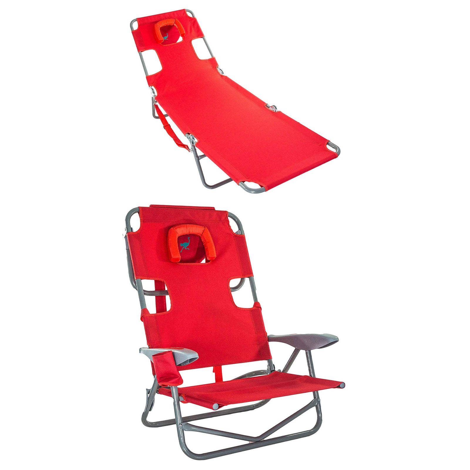 Ostrich Chaise Folding Beach Lounger & On Your Back Reclining Lawn Chair, Red - VMInnovations