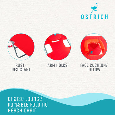 Ostrich Chaise Folding Beach Lounger & On Your Back Reclining Lawn Chair, Red - VMInnovations