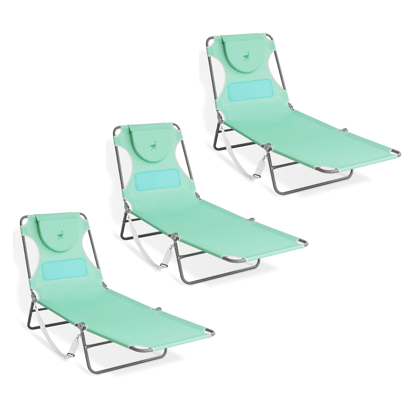 Ostrich Chaise Lounge Folding Sunbathing Poolside Beach Chair, Teal (3 Pack) - VMInnovations