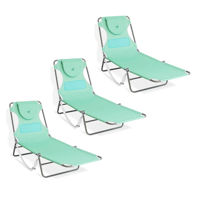 Ostrich Chaise Lounge Folding Sunbathing Poolside Beach Chair, Teal (3 Pack) - VMInnovations