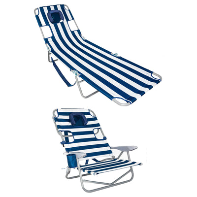 Ostrich Chaise Folding Beach Lounger & On Your Back Reclining Lawn Chair, Stripe