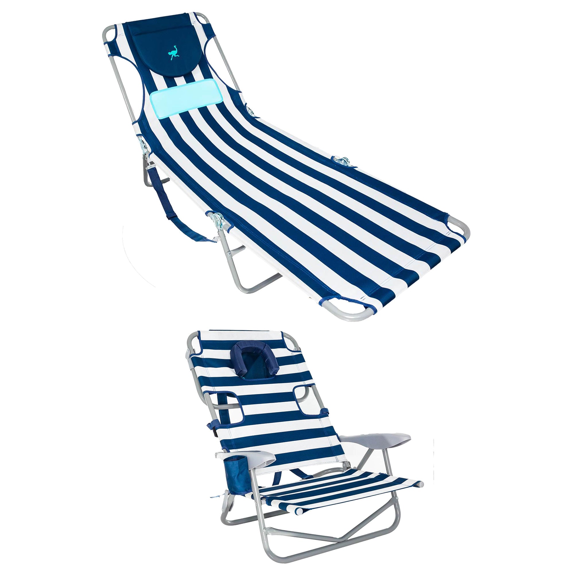 Ostrich Ladies Comfort Lounger Chair & On Your Back Beach Chair, Striped Blue - VMInnovations