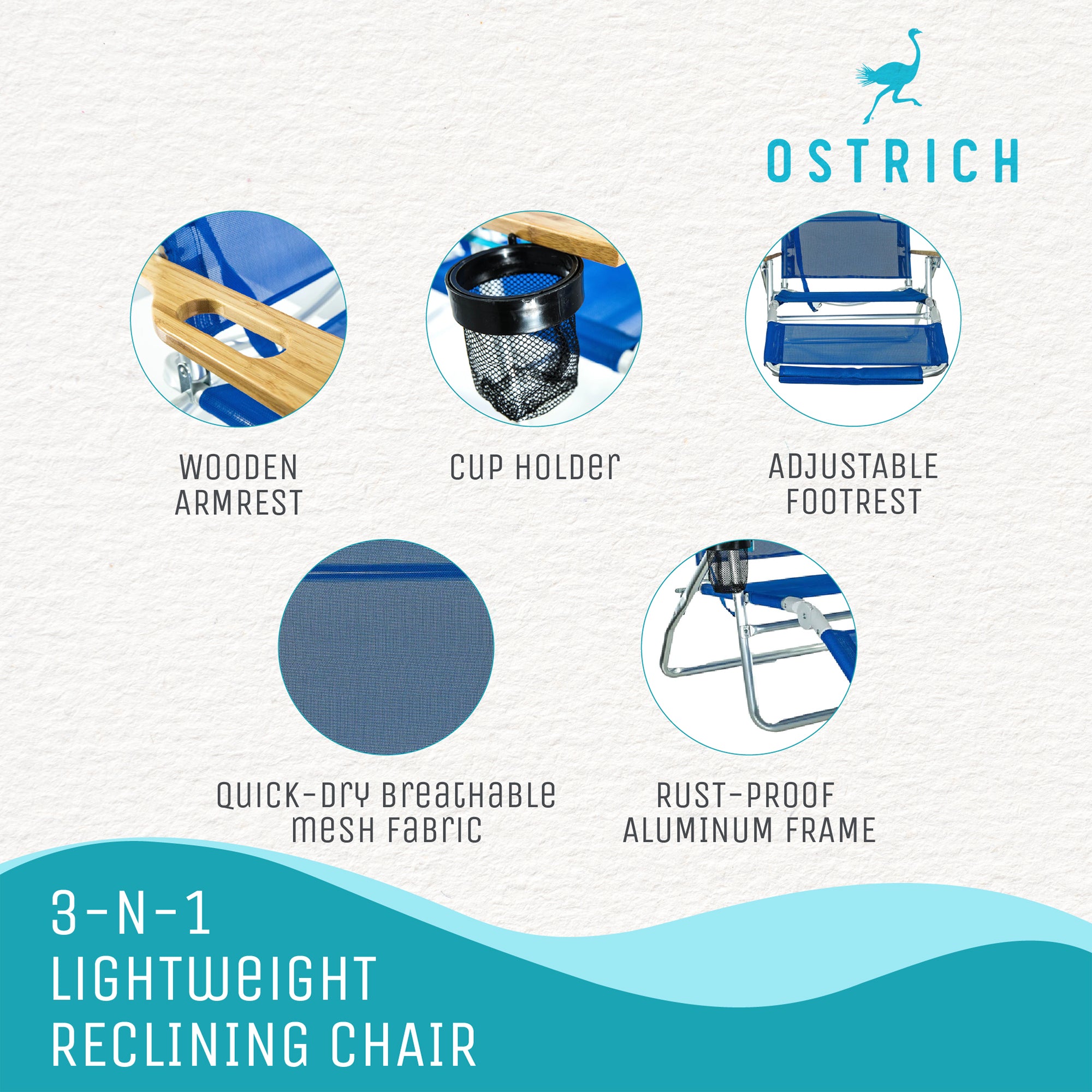 Ostrich 3N1 Reclining Chair and Ladies Comfort On-Your-Back Beach Chair, Blue - VMInnovations