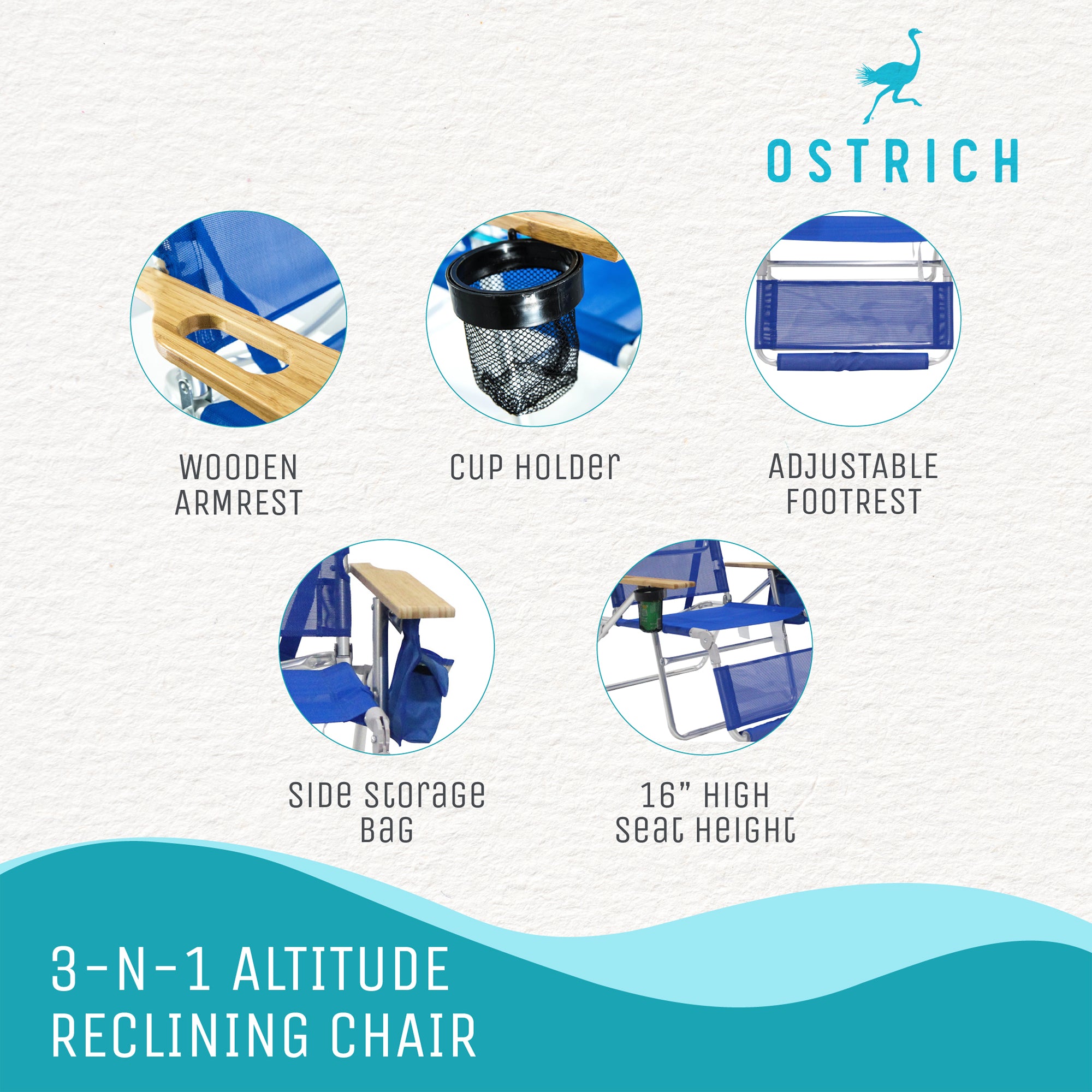 Ostrich Altitude 3N1 Chair and Ladies Comfort On Your Back Beach Chair, Blue - VMInnovations