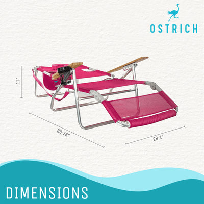 Ostrich 3 N 1 5 Position Reclining Beach Chair & Chaise Beach Lounger, Pink