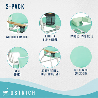 Ostrich Deluxe Padded 3-N-1 Outdoor Folding Reclining Beach Chair, Teal (2 Pack) - VMInnovations