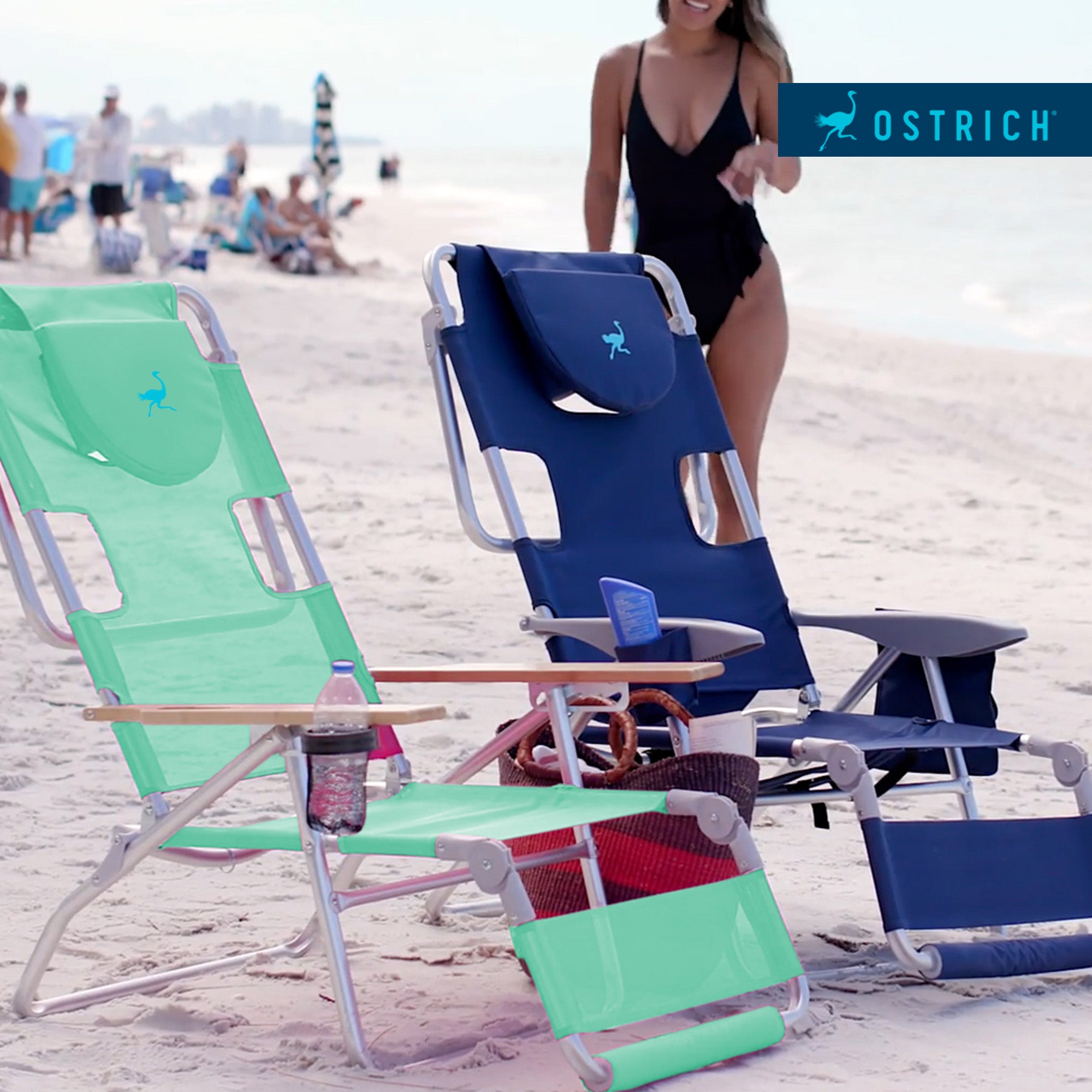 Ostrich Deluxe Padded 3-N-1 Outdoor Folding Reclining Beach Chair, Teal (2 Pack) - VMInnovations