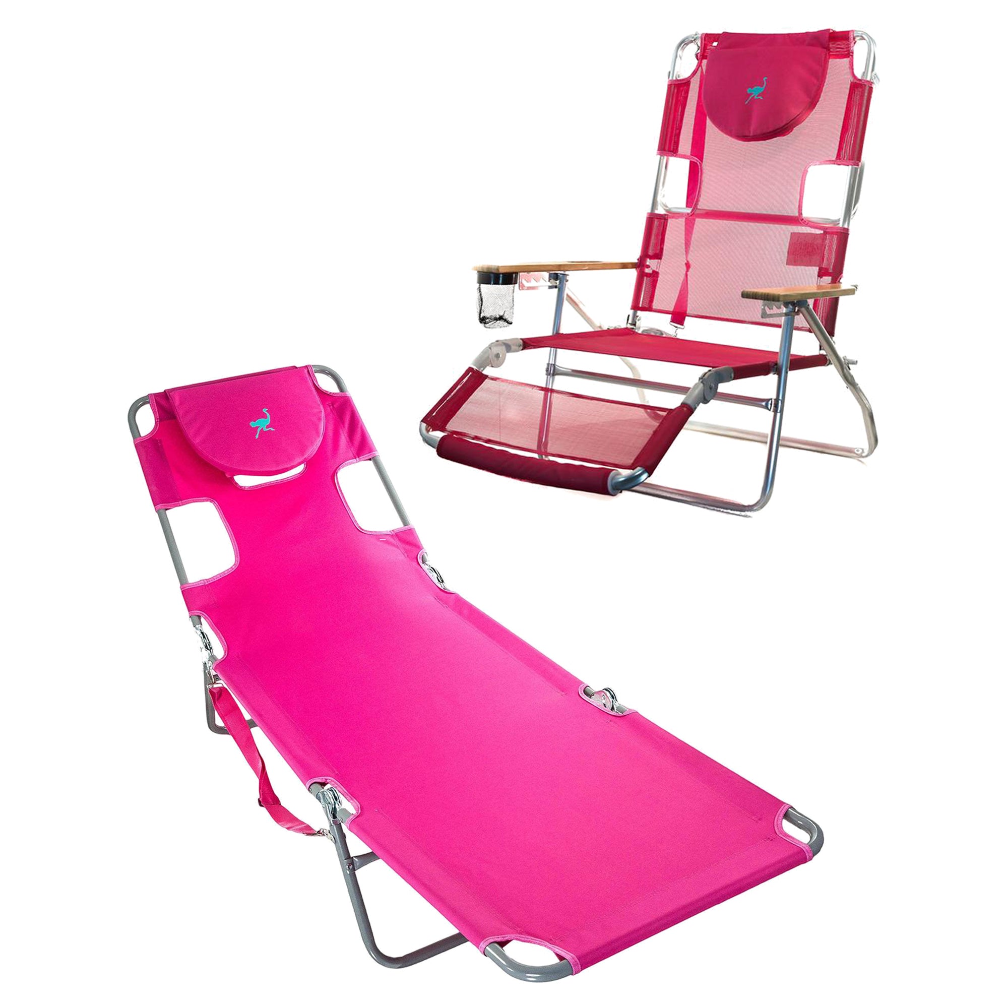 Ostrich Altitude 3N1 Recline Beach Chair and Chaise Beach Lounger Chair, Pink - VMInnovations