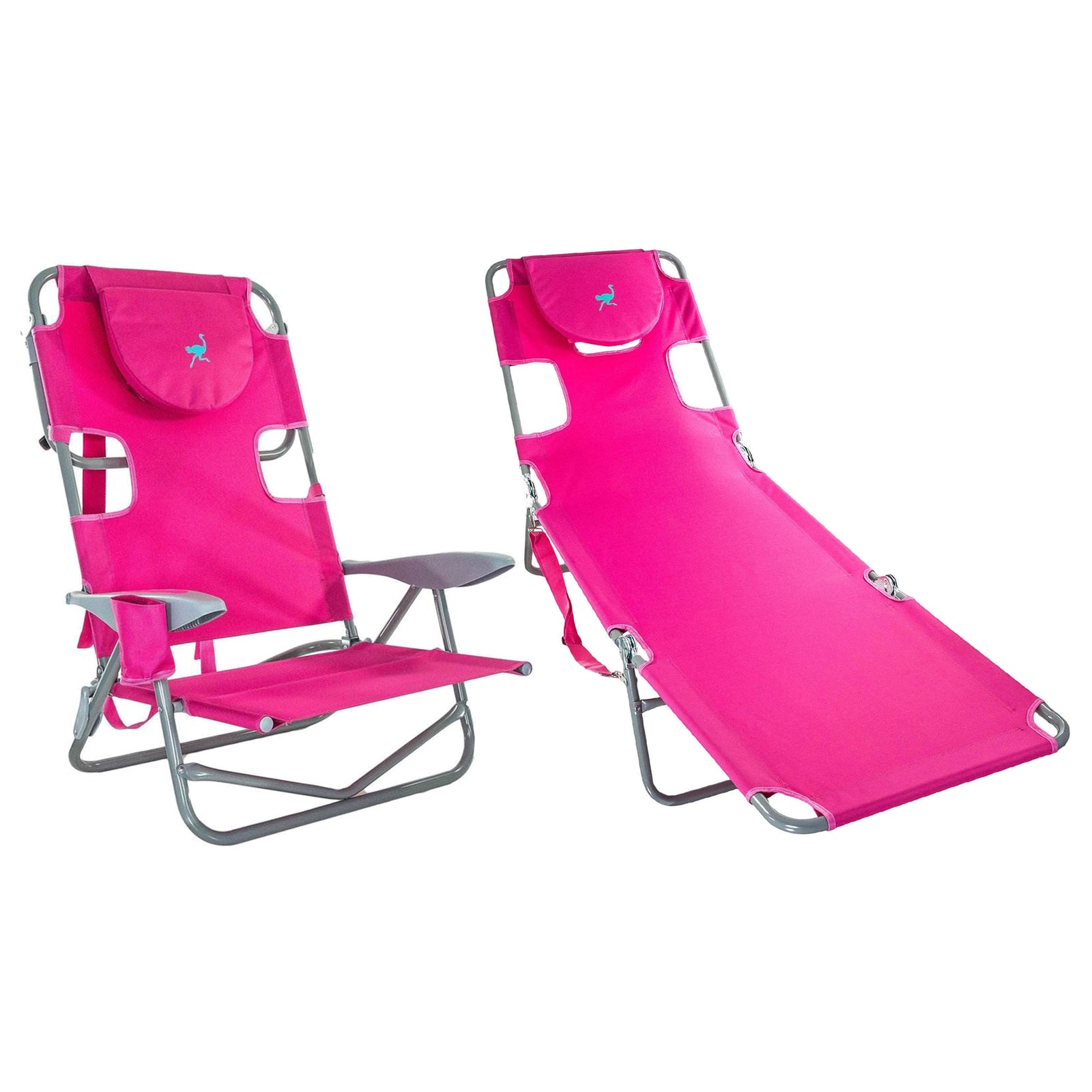 Ostrich On Your Back Reclining Lawn Chair & Chaise Folding Beach Lounger, Pink - VMInnovations