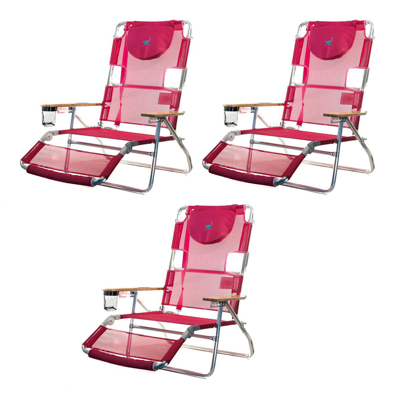 Ostrich Altitude 3 in 1 16-Inch Tall Lounge Reclining Beach Chair, Pink (3 Pack)