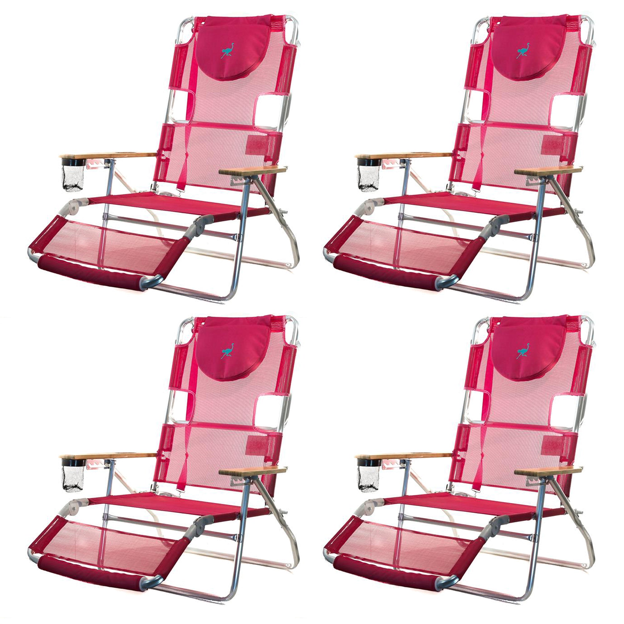 Ostrich Altitude 3 in 1 16 Inch Tall Lounge Reclining Beach Chair, Pink (4 Pack)