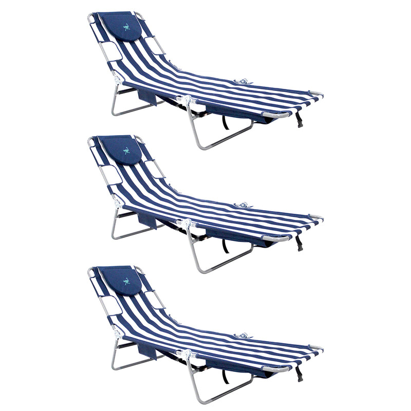 Ostrich Backpack Chaise Folding Lounge Chair w/Storage Bag, Navy Stripe (3 Pack)