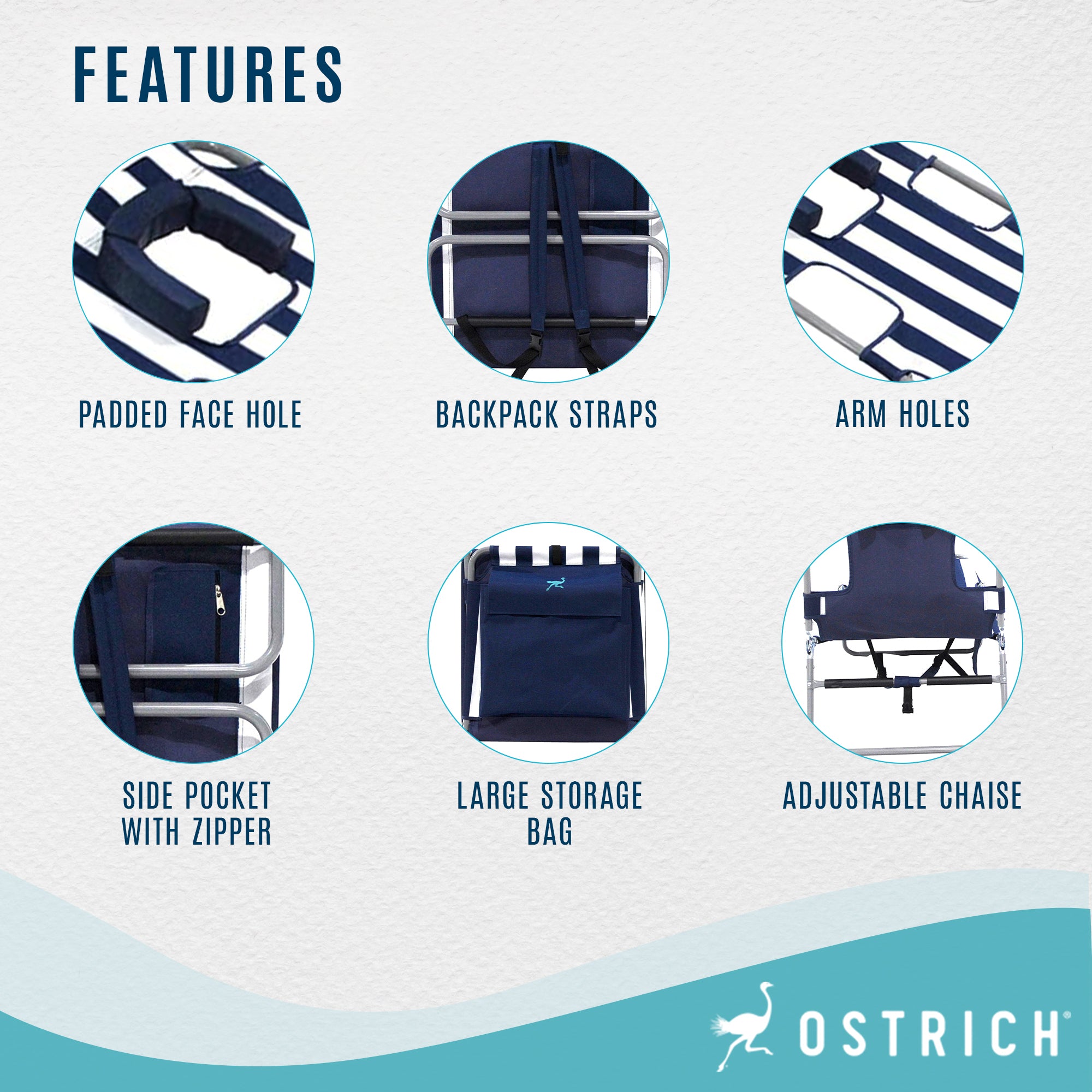 Ostrich Backpack Chaise Folding Lounge Chair w/Storage Bag, Navy Stripe (3 Pack) - VMInnovations