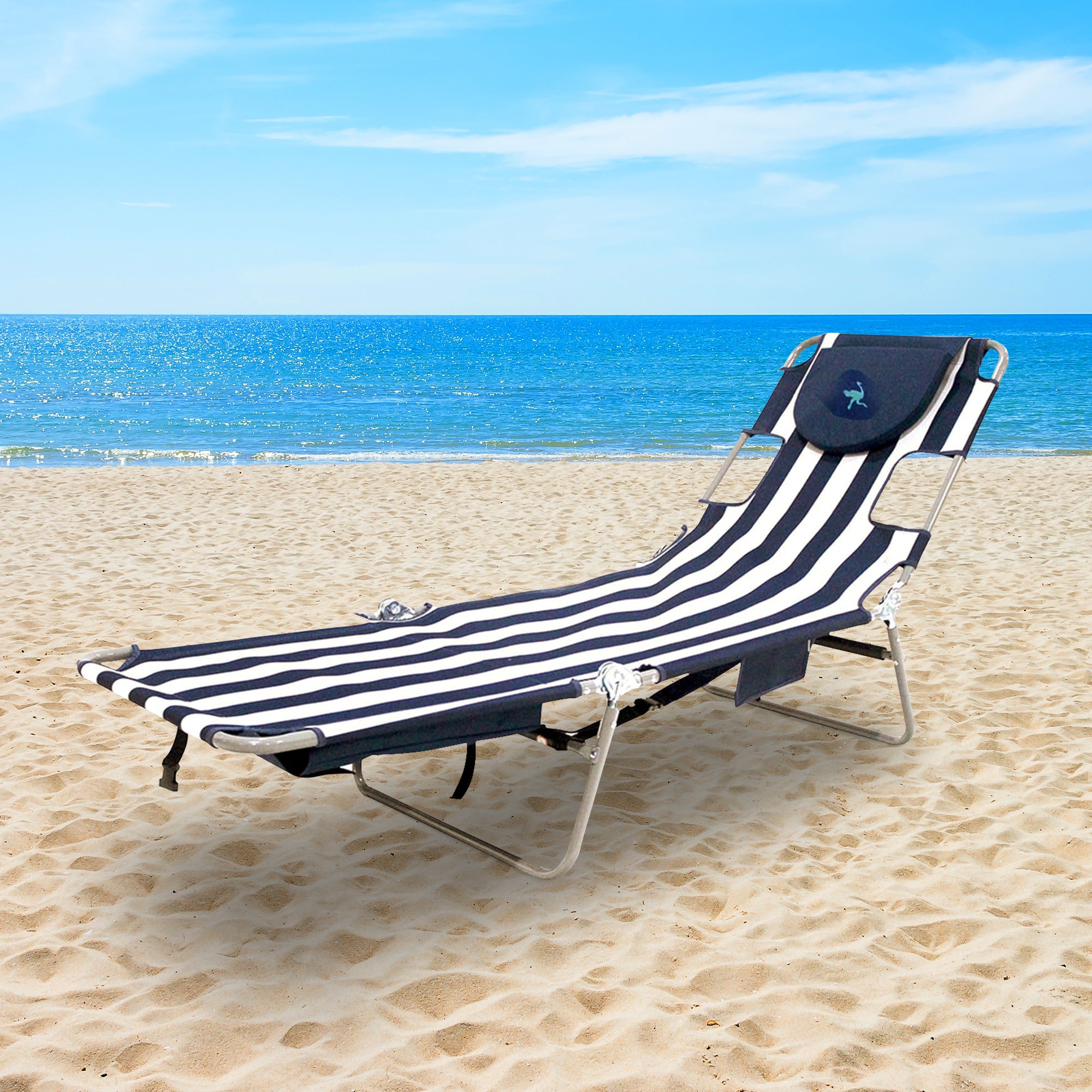 Ostrich Backpack Chaise Folding Lounge Chair w/Storage Bag, Navy Stripe (3 Pack) - VMInnovations