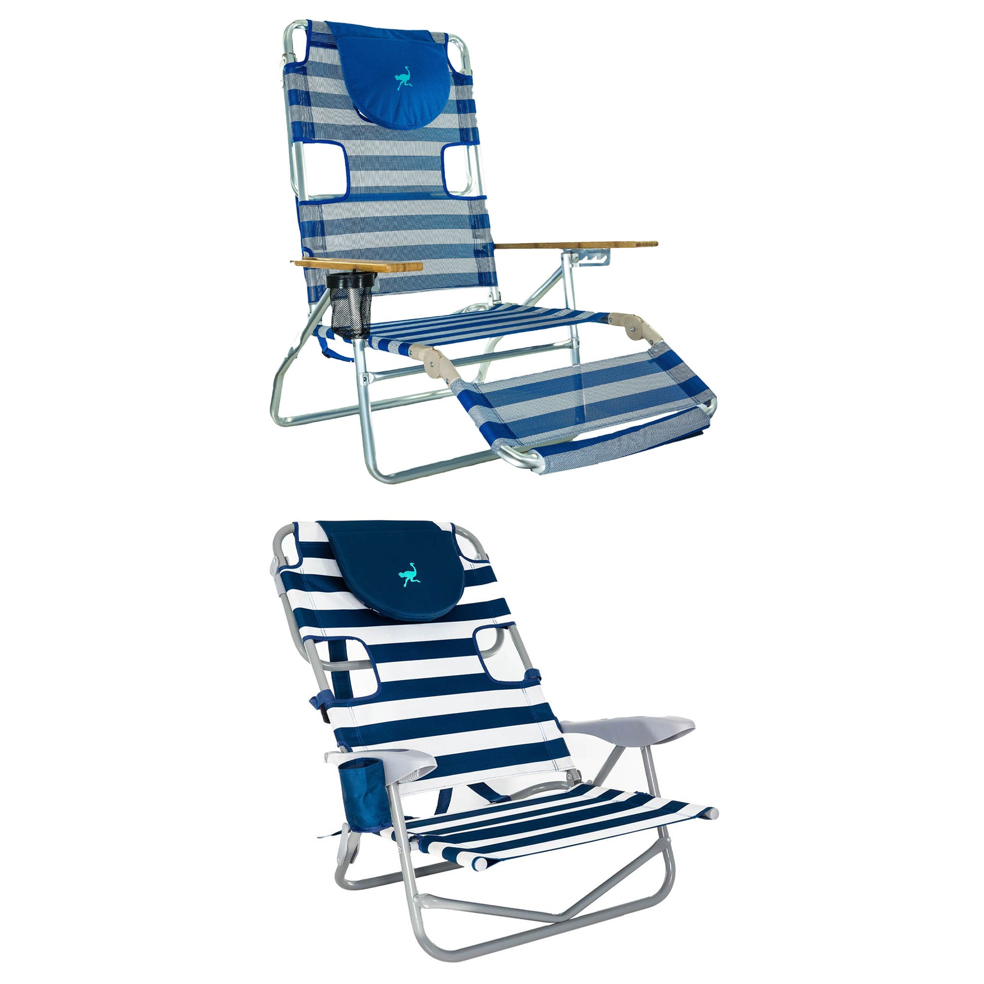 Ostrich 3N1 Reclining Beach Chair and On Your Back Beach Chair, Striped Blue - VMInnovations