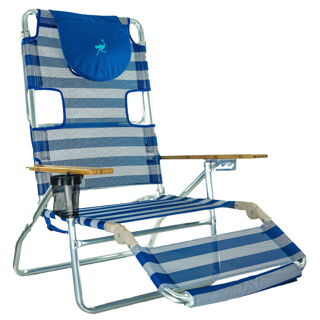 Ostrich 3N1 Reclining Beach Chair and On Your Back Beach Chair, Striped Blue