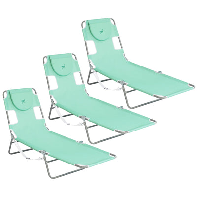 Ostrich Chaise Lounge Folding Sunbathing Recliner Beach Chair, Teal (3 Pack)