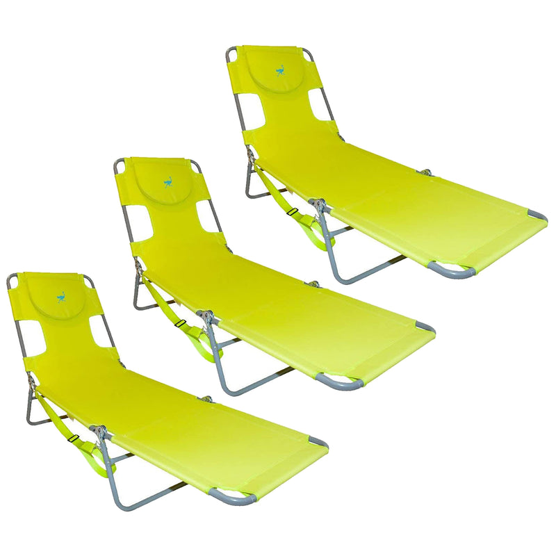 Ostrich Chaise Lounge Foldable Sunbathing Beach Lawn Chair, Neon Green (3 Pack)