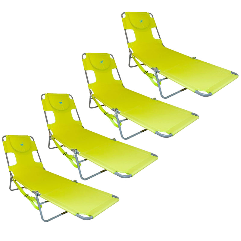 Ostrich Chaise Lounge Foldable Sunbathing Beach Lawn Chair, Neon Green (4 Pack)