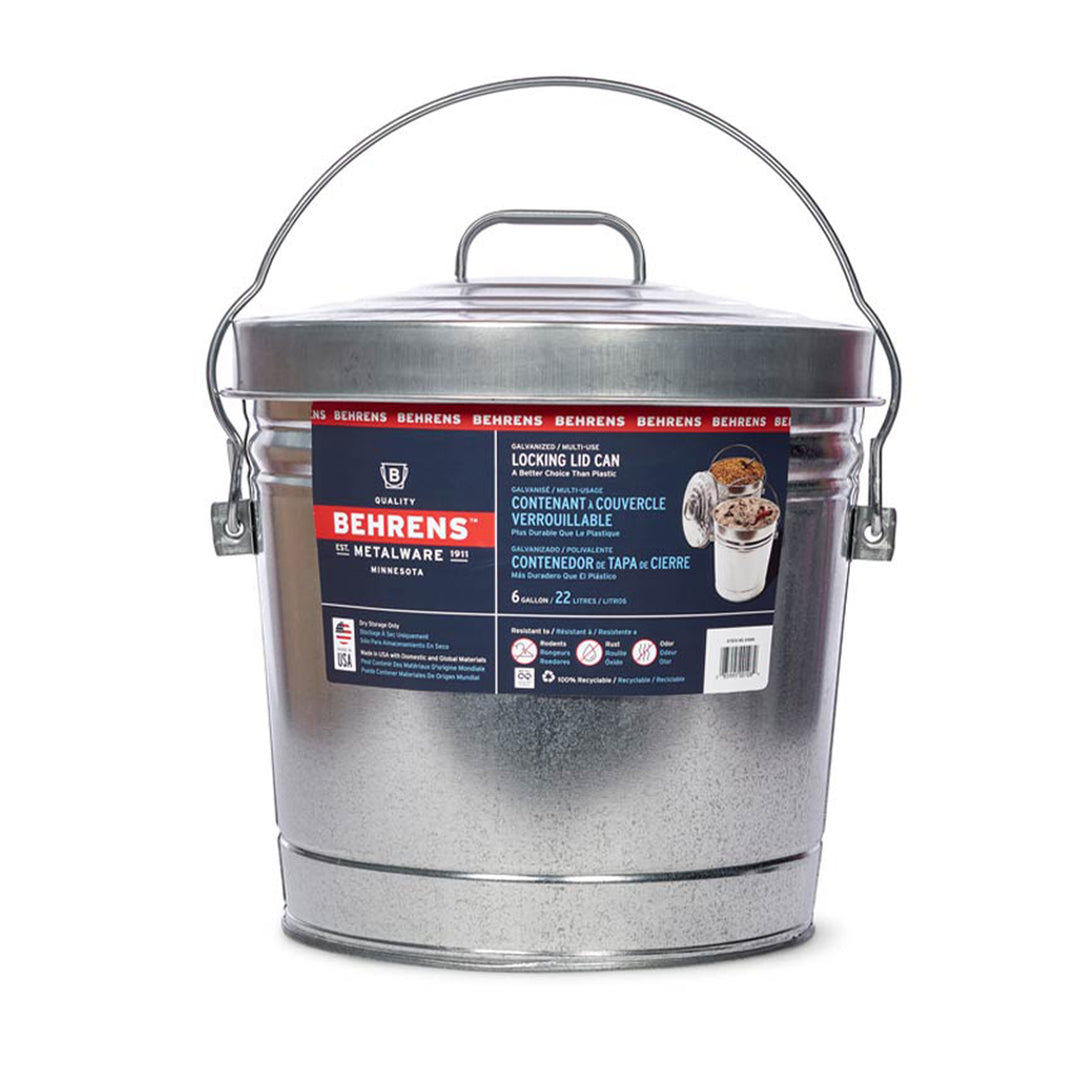 Behrens 6 Gallon Galvanized Steel Storage Can with Locking Lid and Wire Handle