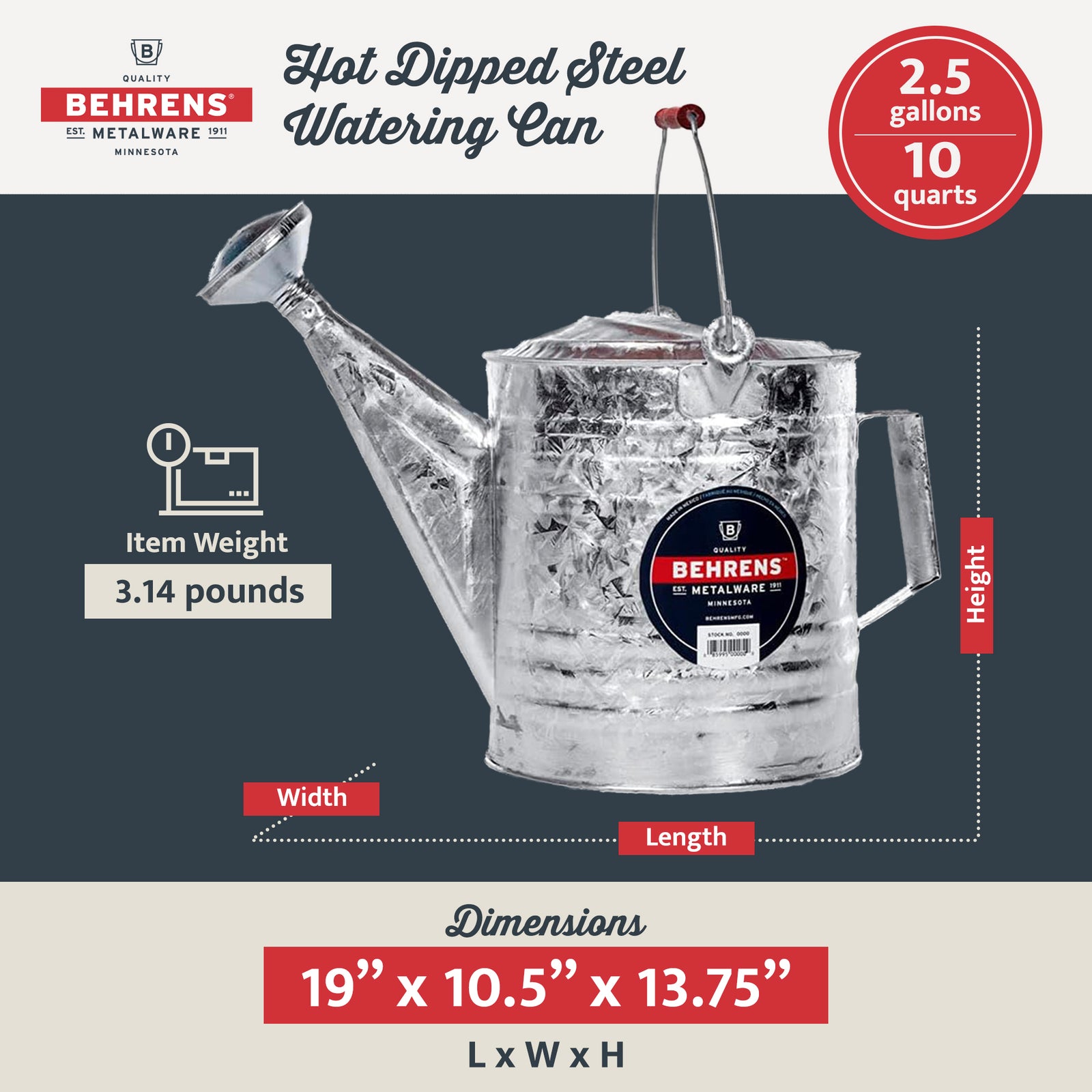 Behrens 2.5 Gallon Weatherproof Hot Dipped Steel Watering Can with Wooden Handle - VMInnovations