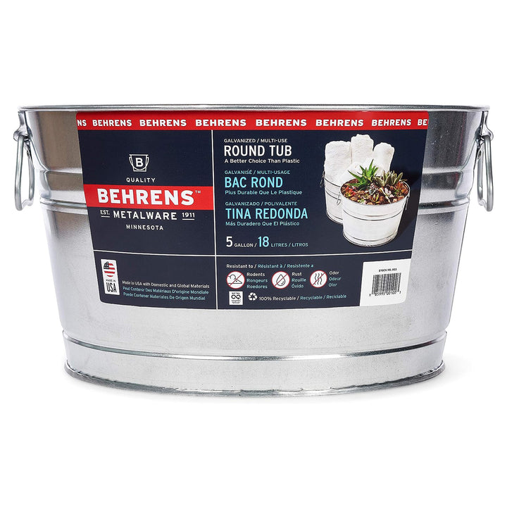 Behrens 5 Gallon Round Galvanized Weatherproof Steel Tub with Handles, Silver