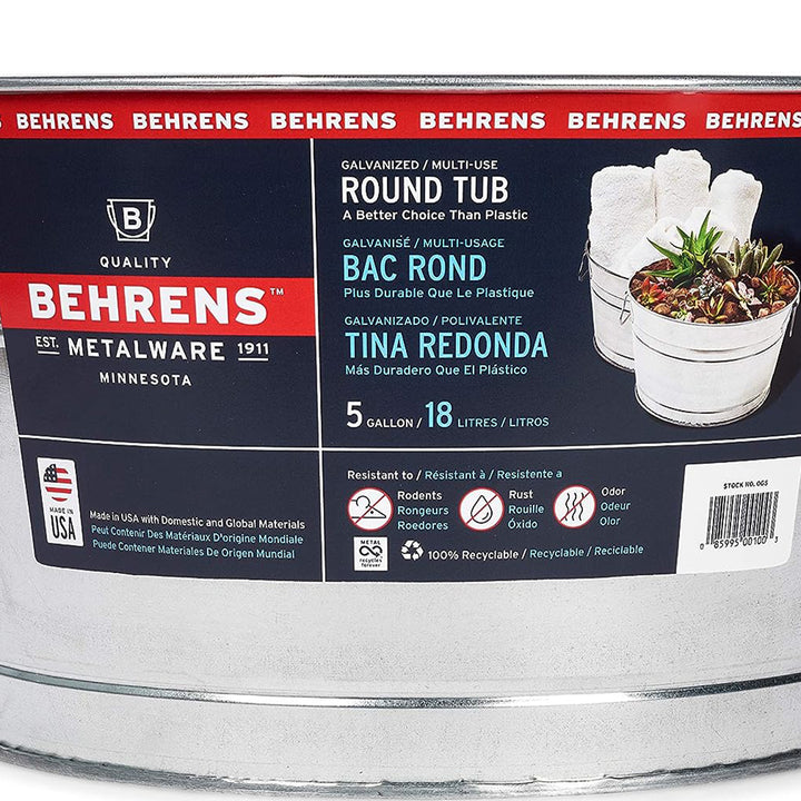 Behrens 5 Gallon Round Galvanized Weatherproof Steel Tub with Handles, Silver - VMInnovations