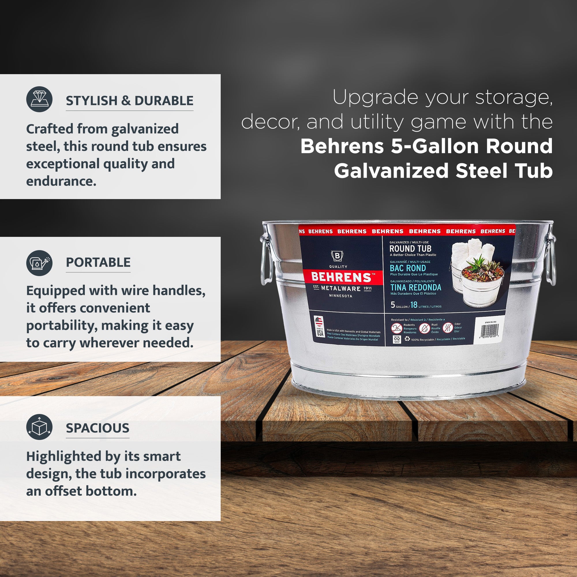 Behrens 5 Gallon Round Galvanized Weatherproof Steel Tub with Handles, Silver - VMInnovations