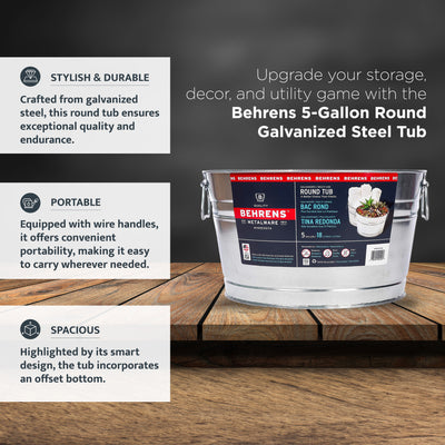 Behrens 5 Gal Galvanized Weatherproof Steel Tub w/Handles, Silver (Open Box) - VMInnovations