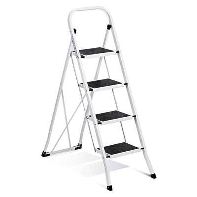 Delxo Alloy Steel Folding 4 Step Stool Portable Ladder w/ Hand Grip, White(Used) - VMInnovations