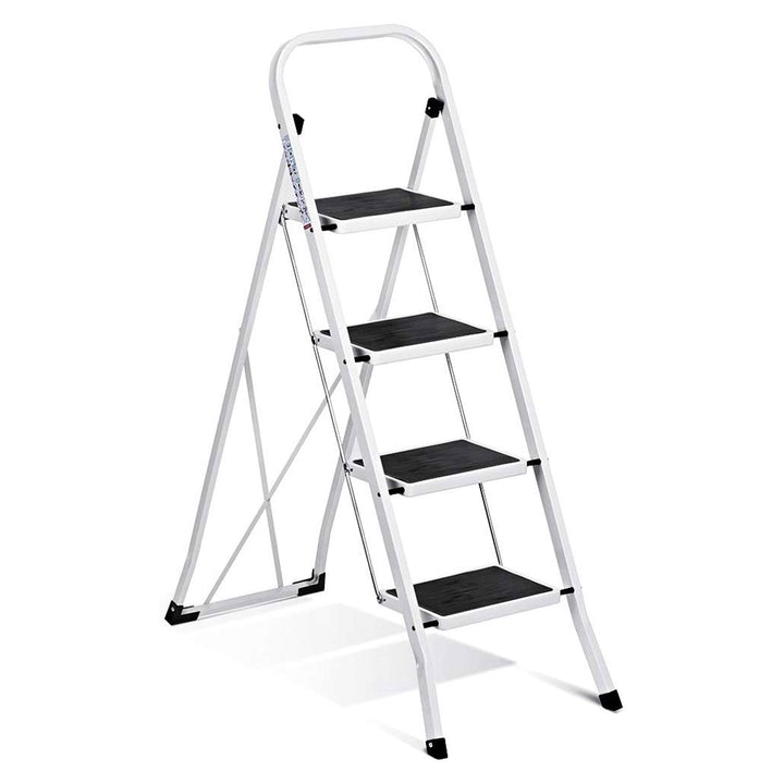 Delxo Steel Non-Slip Folding 4 Step Ladder with Hand Grip, White (Open Box) - VMInnovations