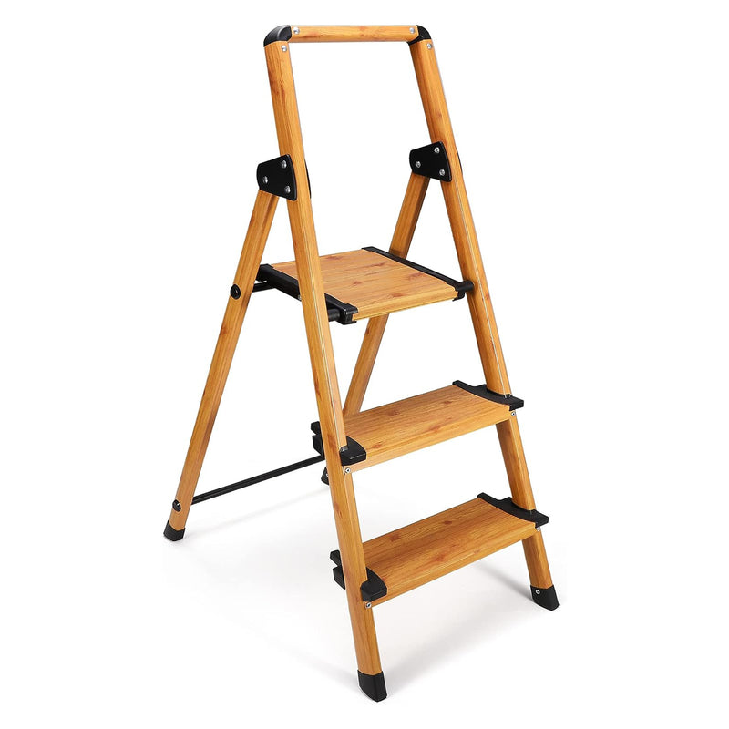 Delxo Folding 3 Step Stool Stepladder w/Long Handrail, Woodgrain Finish (Used)