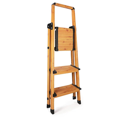 Delxo Aluminum Folding 3 Step Stool Stepladder w/Long Handrail, Woodgrain Finish