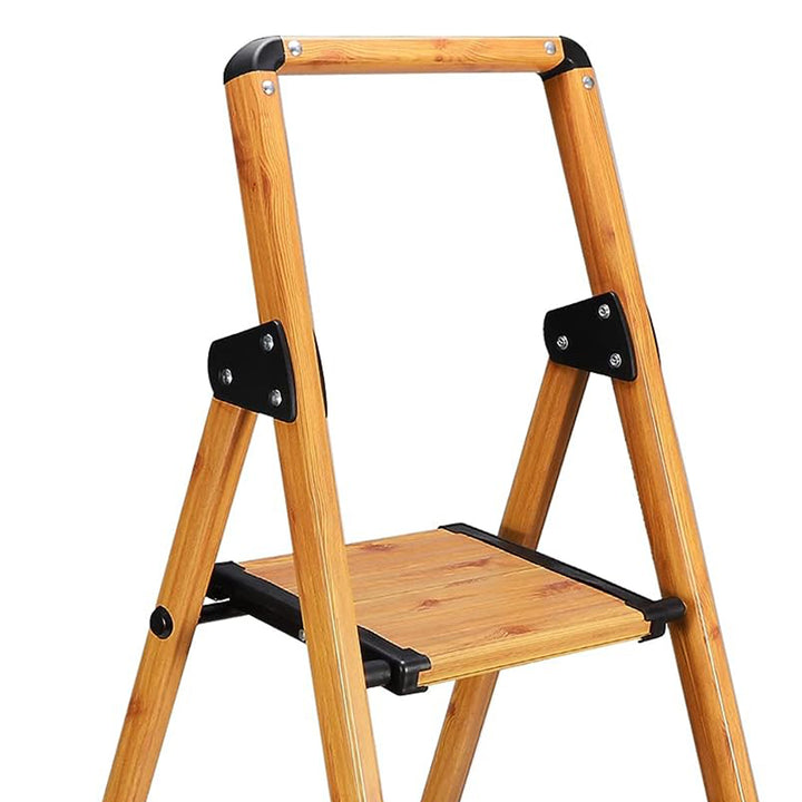 Delxo Folding 3 Step Stool Stepladder w/Long Handrail, Woodgrain Finish (Used) - VMInnovations