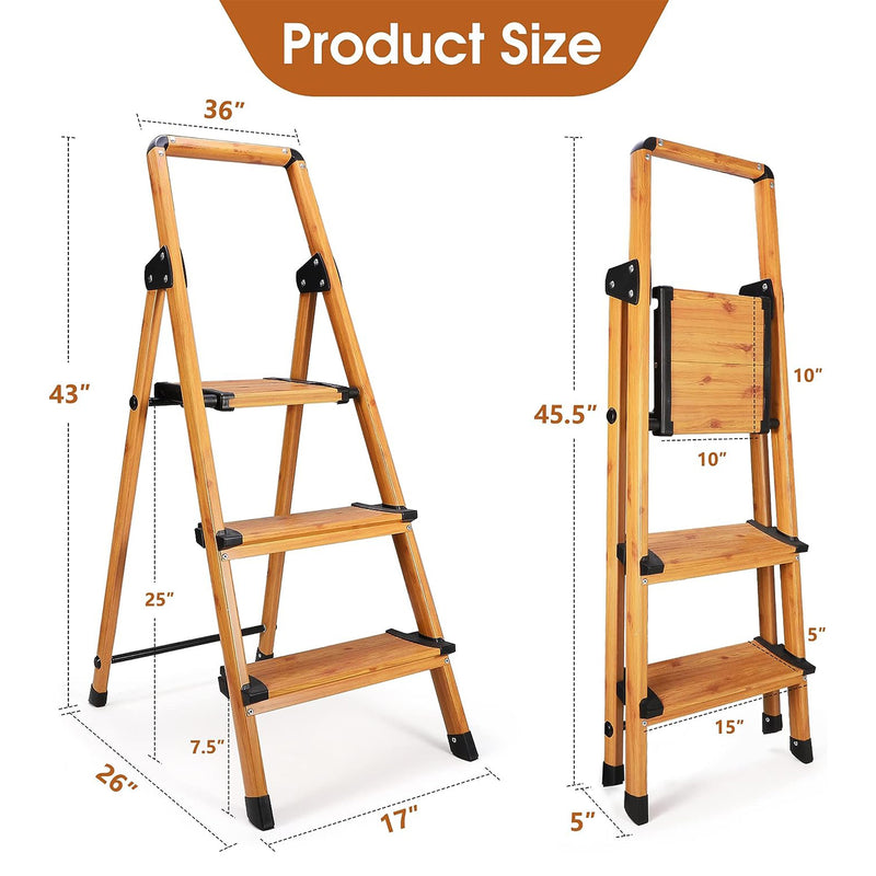 Delxo Aluminum Folding 3 Step Stool Stepladder w/Long Handrail, Woodgrain Finish