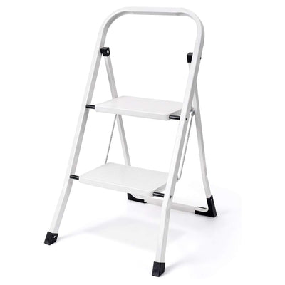 Delxo Folding Portable Steel Non Slip 2 Stepladder w/Hand Grip, White (Open Box)