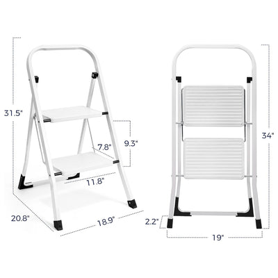 Delxo Folding Portable Steel Non Slip 2 Step Stool Stepladder w/Hand Grip, White - VMInnovations