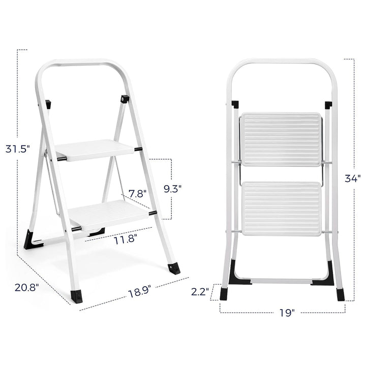 Delxo Folding Portable Steel Non Slip 2 Step Stool Stepladder w/Hand Grip, White