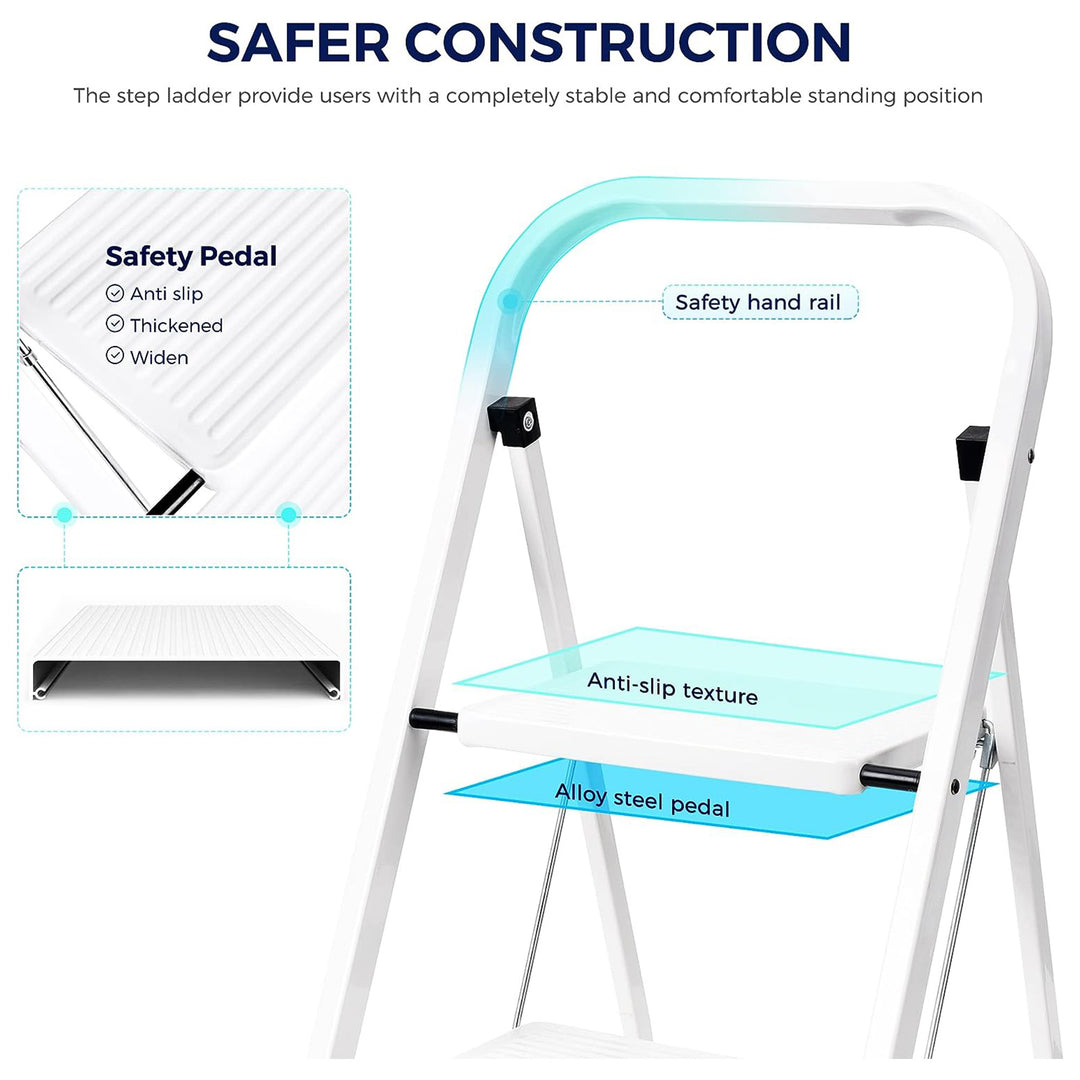 Delxo Folding Portable Steel Non Slip 2 Stepladder w/Hand Grip, White (Open Box)