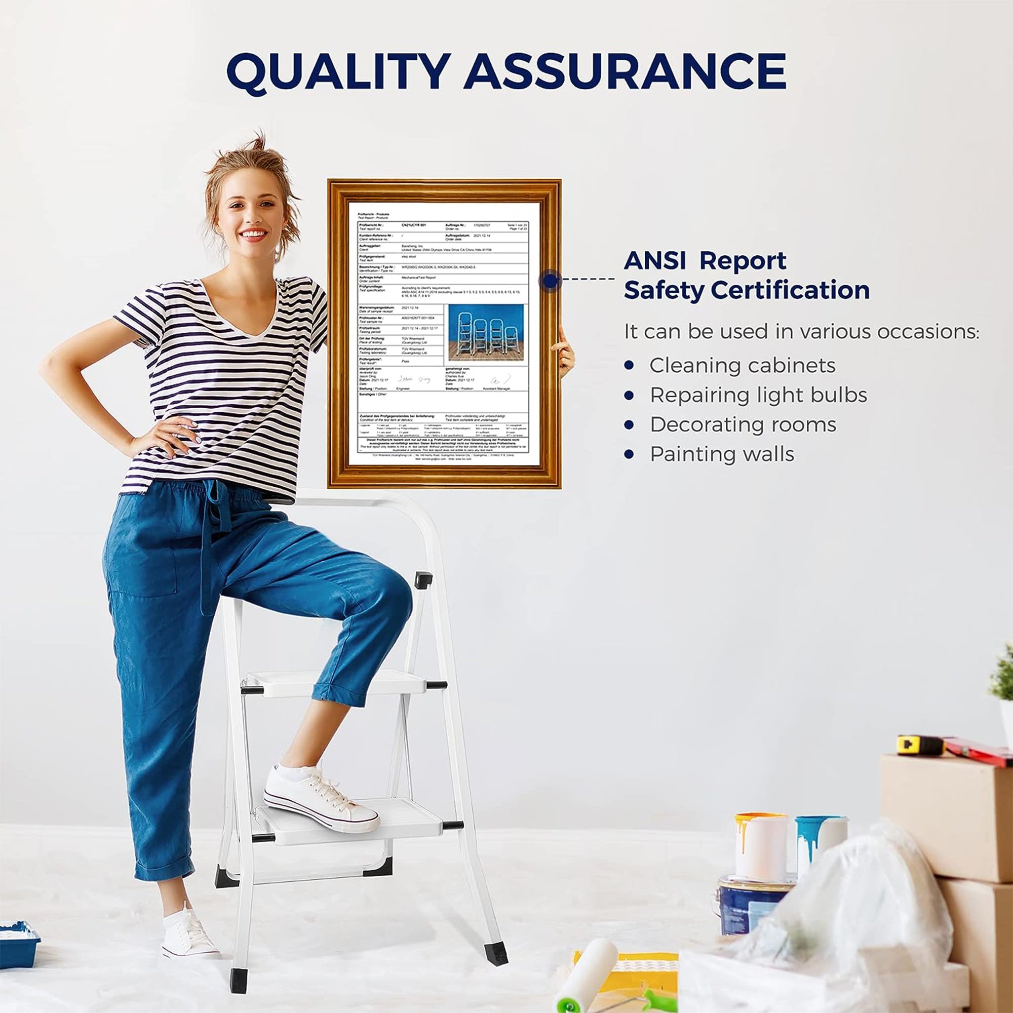 Delxo Folding Portable Non Slip 2 Step Stool Stepladder w/Hand Grip, White(Used) - VMInnovations
