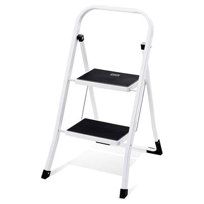 Delxo Non-Slip 2 Step Stool Folding Steel Wide Step Ladder with Hand Grip, White - VMInnovations
