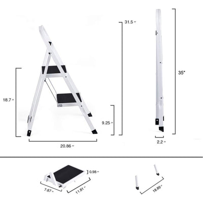Delxo Non-Slip 2 Step Stool Folding Steel Wide Step Ladder with Hand Grip, White - VMInnovations