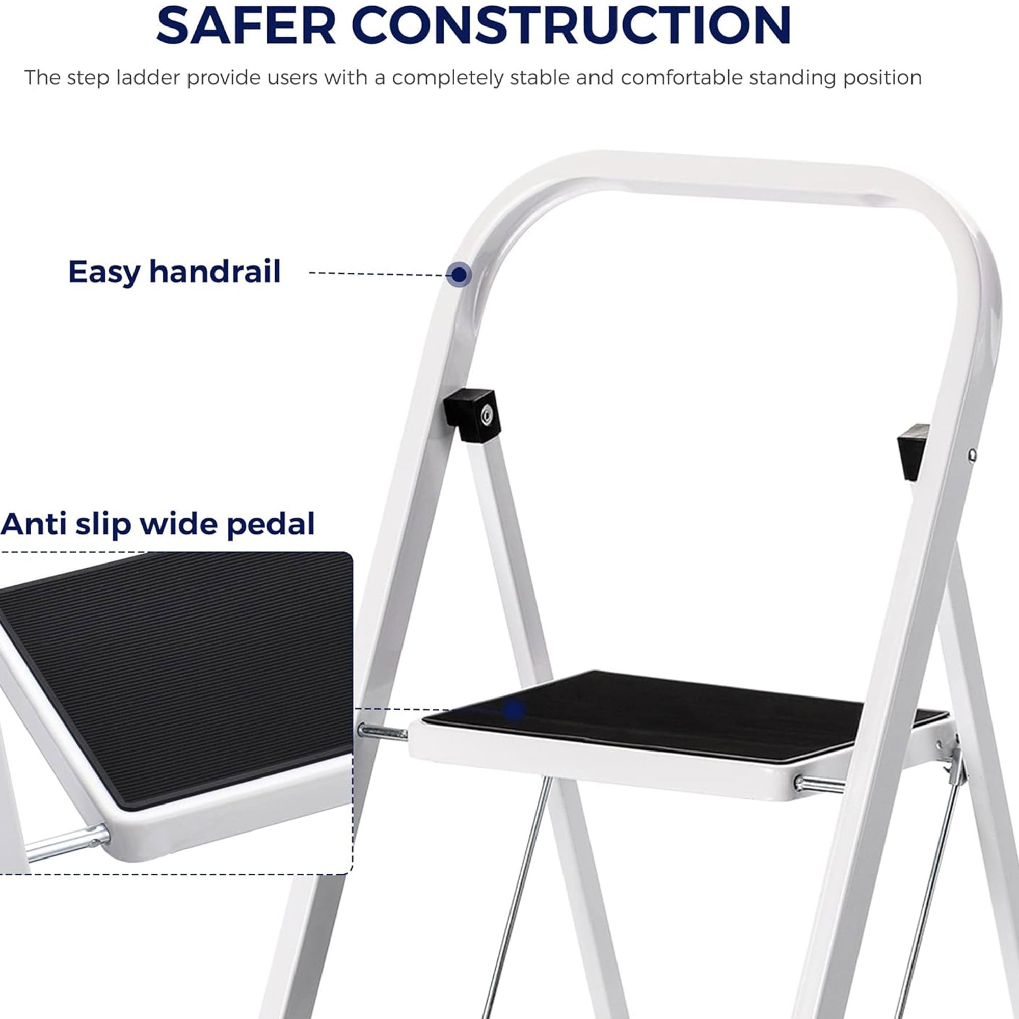Delxo Non-Slip 2 Step Stool Folding Steel Wide Step Ladder with Hand Grip, White - VMInnovations