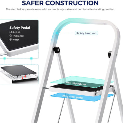 Delxo Non-Slip 2 Step Stool Folding Steel Wide Step Ladder with Hand Grip, White - VMInnovations